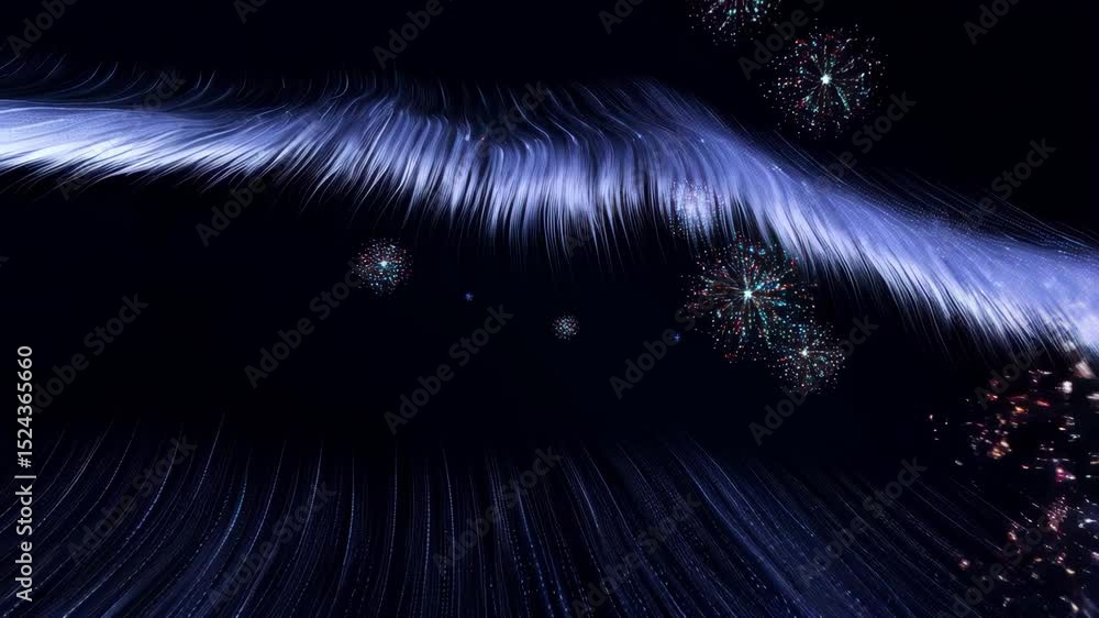 Poster abstract flowing light trails and particle burst in cosmic motion
