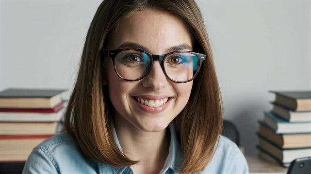 smiling woman in glasses holding a cell phone in front of a pile of books