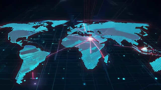 Digital world map displays animated glowing network connections with pulsing data streams across continents creating futuristic global communication visualization against dark background - Powered by Adobe