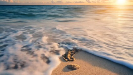 Sunset beach scene, question mark drawn in sand, repeatedly washed away by ocean waves, symbolizing ephemerality, uncertainty, time, and nature's power - Powered by Adobe