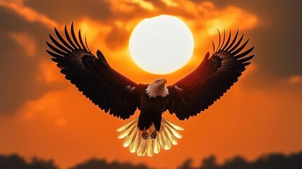 A majestic bald eagle soaring high above the horizon, against a backdrop of a setting sun.