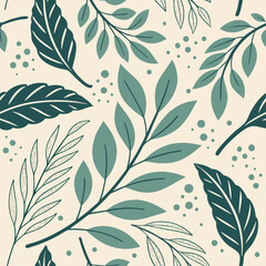 Seamless Organic Vector Pattern with Hand-Drawn Leaves and Watercolor Overlay  
