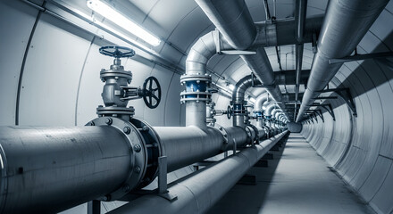Industrial central heating system pipes and pumps on boiler room. Building plumbing infrastructure