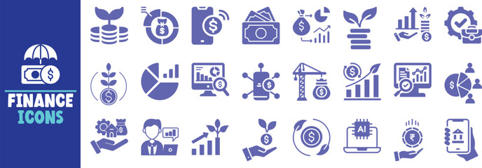 Finance icons set investment growth banking money