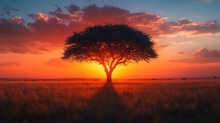 Fototapeta premium Silhouetted tree at sunset over field
