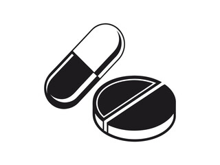 illustration of a pill and a capsule, black and white illustration of a capsule and a pill, minimalist graphic showcasing a pill and a capsule, pill, capsule, medicine, healthcare, pharmacy, drug, med