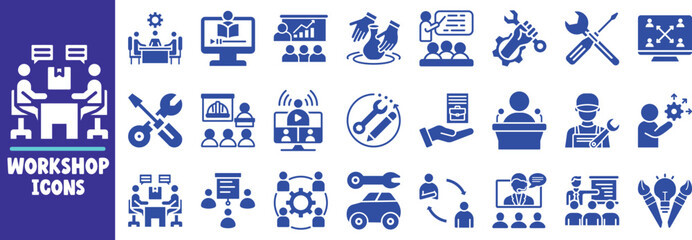 Workshop icons set collaboration teamwork training
