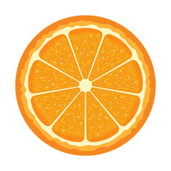 Fresh Orange Slice Vector Illustration. The orange is divided into symmetrical segments radiating from the center, featuring bright orange tones and white seed like details.