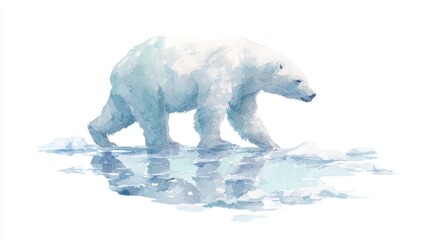 Walking Polar Bear on Frozen Water &ndash; White Background Nature Artwork in Watercolor