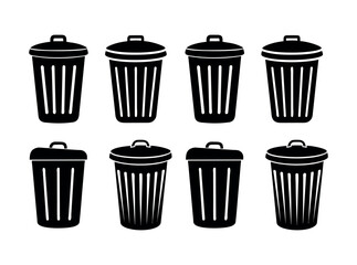 Trash Cans Silhouette Vector Graphic, Black and White Trash Cans Icons Set, silhouettes of trash cans, garbage, garbage can, waste, waste management, recycling, disposal, icon, icons, set, trash can.
