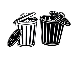 Trash Cans Silhouette Vector Graphic, Black and White Trash Cans Icons Set, silhouettes of trash cans, garbage, garbage can, waste, waste management, recycling, disposal, icon, icons, set, trash can.