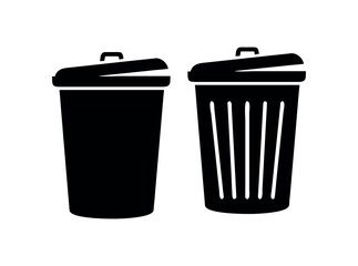Trash Cans Silhouette Vector Graphic, Black and White Trash Cans Icons Set, silhouettes of trash cans, garbage, garbage can, waste, waste management, recycling, disposal, icon, icons, set, trash can.