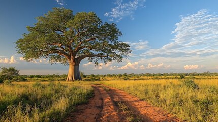 Obraz premium Baobab tree in golden savanna landscape