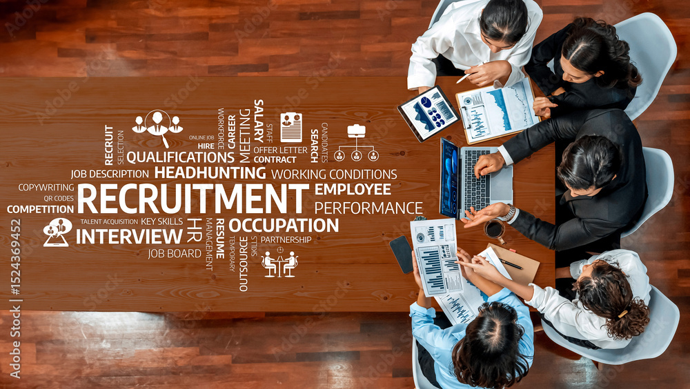 Aufkleber a diverse team engages in collaborative recruitment strategy discussions, analyzing data and perform