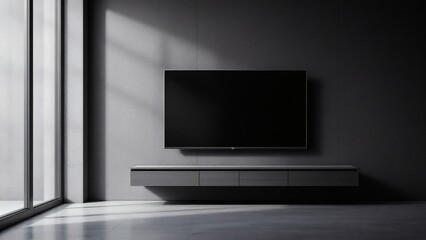 Fototapeta premium Modern Minimalist Living Room Design with Flat Screen TV and Floating Media Console