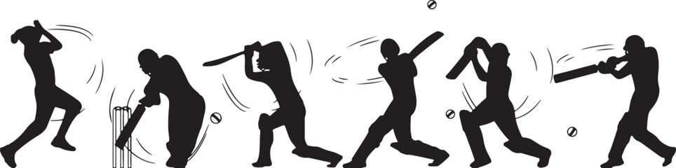 cricket, sport, silhouette, batting, batsman, action, ball, movement, illustration, vector, graphic, 