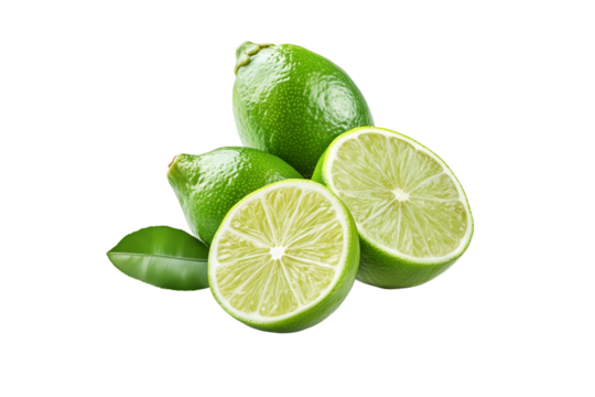 Fresh limes with leaves isolated on transparent background