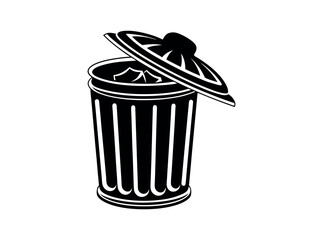 Vector illustration of a filled trash can with open lid, Open trash can silhouette against a plain background, Trash Can with Waste Bag, trash can, garbage can, waste bin, disposal, sanitation, icon.