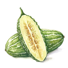 Watercolor Illustration of Halved and Whole Green Striped Melon