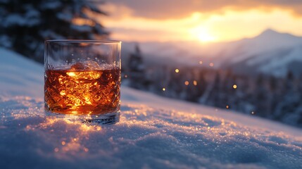 Whiskey glass on snow at sunset