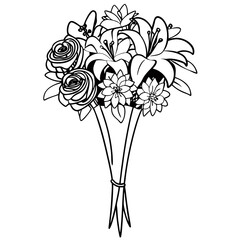 Vector Floral Bouquet Illustration Line Art Roses Lilies and More