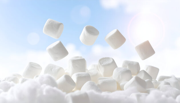 Marshmallows arranged like fluffy clouds floating in air. White-to-sky gradient background with defocused light flares and soft illumination.