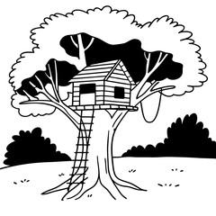 Treehouse Vector Illustration Hand Drawn Style Line Art Graphic