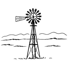 Windmill Vector Illustration Black and White Line Art Design