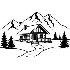 Mountain Cabin Black and White Vector Illustration Landscape