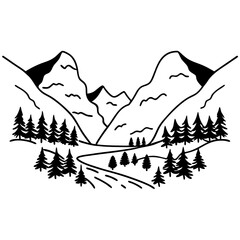Mountain Landscape Vector Illustration Line Art Trees River