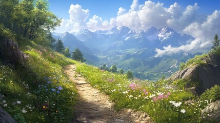 Scenic Mountain Trail with Wildflowers: A Path to Serenity and Breathtaking Views