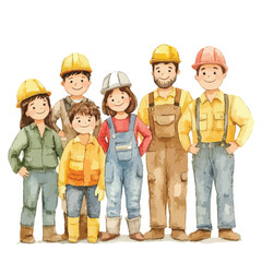 Watercolor Illustration of Smiling Construction Workers and Children in Hard Hats