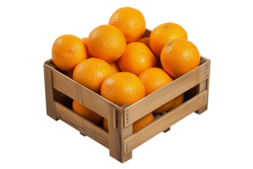 Fresh oranges in wooden crate isolated on transparent background