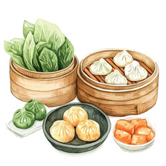 Watercolor Illustration of Steamed Buns Dumplings and Bok Choy