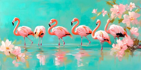 Obraz premium Group of pink flamingos standing in water, in oil painting style, with turquoise background, flowers and visible brush strokes. Picturesque painting for modern interior
