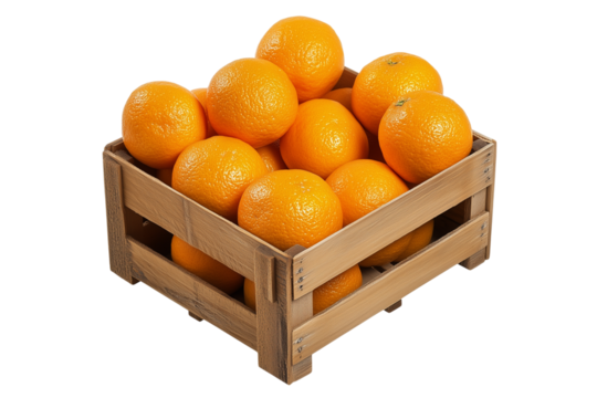 Fresh oranges in wooden crate isolated on transparent background