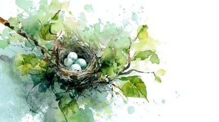 Watercolor Bird Nest with Eggs – Spring Nature Illustration with Green Leaves and Delicate Brushwork