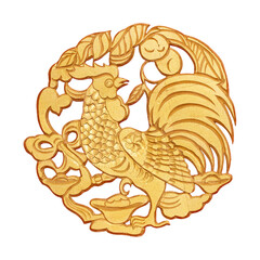 Golden Chinese style chicken sculpture, isolated on white background.