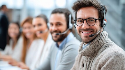 Obraz premium Engaged Call Center Team with Headsets and Smiling Faces