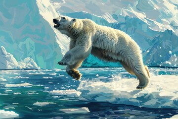 High Definition Picture of Polar Bear Leaping Between Ice Floes in the Arctic
