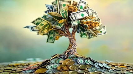 This stunning footage features a money tree crafted from bills and coins. It serves as a visual metaphor for growth and abundance. Perfect for financial projects. Generative AI - Powered by Adobe