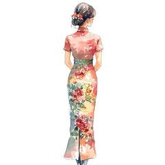 Watercolor Illustration of Woman in Floral Cheongsam Dress