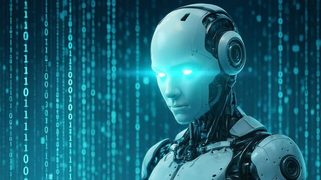 Futuristic robot in a digital matrix, side profile view. High-tech, sci-fi style, suitable for a video on AI and technology advancements. Live desktop wallpaper. - Powered by Adobe