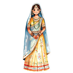Watercolor Indian Woman in Traditional Dress with Blue Veil and Jewelry