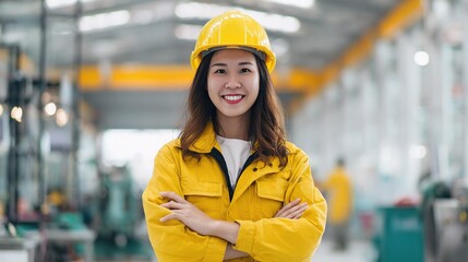 Happy Asian Female Engineer Standing in Factory with Safety Gear