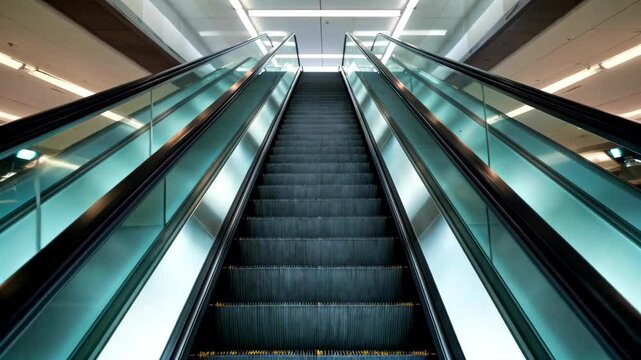 there is a long escalator with a glass railing and a skylight