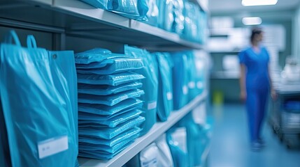Rows of teal medical supplies neatly arranged on shelves.