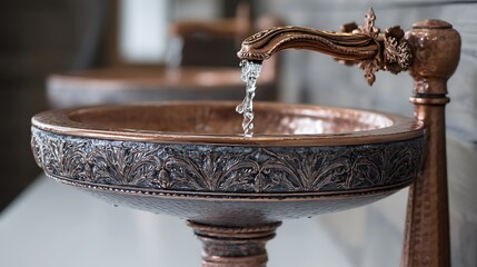 A pedestal wash basin with a vintage copper finish and clean, running water, capturing the timeless elegance of antique design.