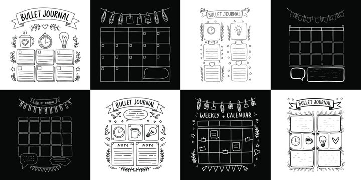 Black and White Hand Drawn Bullet Journal Layouts Calendar Weekly Daily Planner Vector Set
