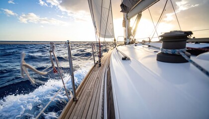 Sailing adventure at sunset with a view of the ocean from a yacht's deck